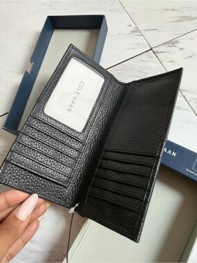 NEW Cole Haan Black Pebbled Leather Breast Pocket Wallet Long Bifold
